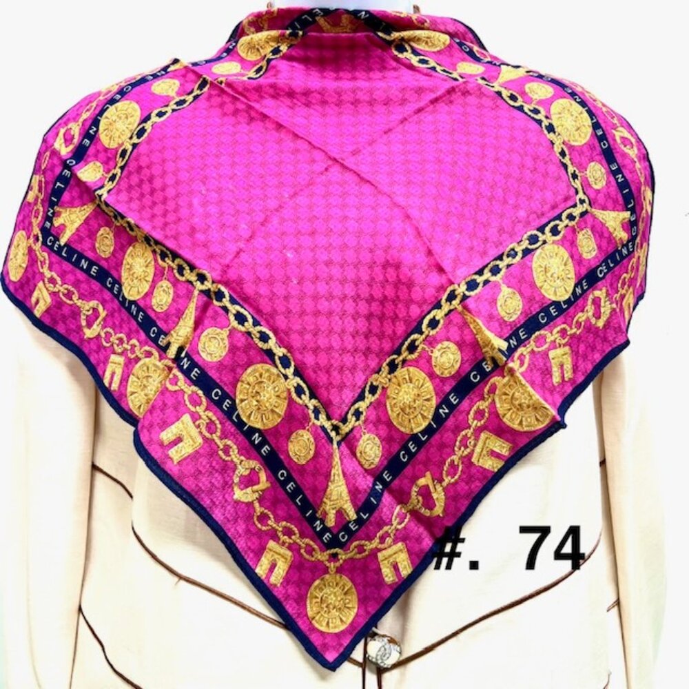 (3) Celine Paris MiniScarf/Handkerchief  Cotton/ 18"-19" Pink Purple Gold Tassel